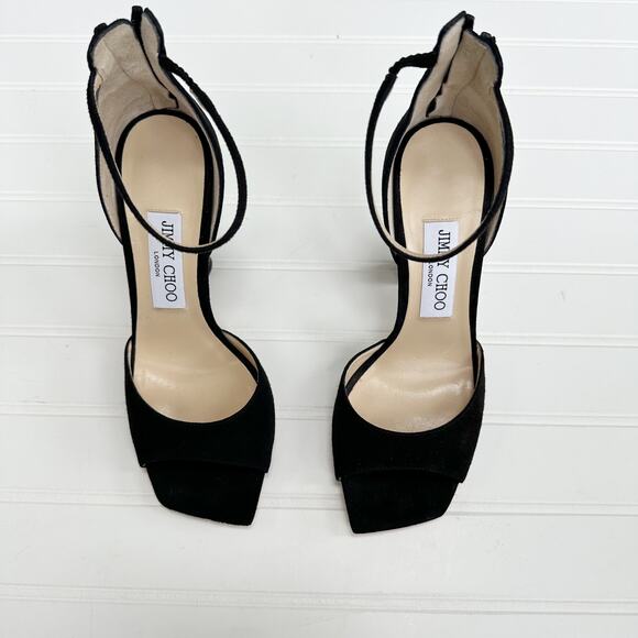 Jimmy Choo Black Suede Reon Sandals Square Toe Ankle Strap 37 - Picture 12 of 12